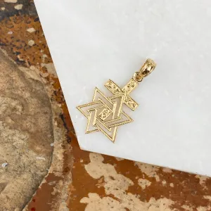 14KT Yellow Gold Engraved Star of David Cross Pendant Charm