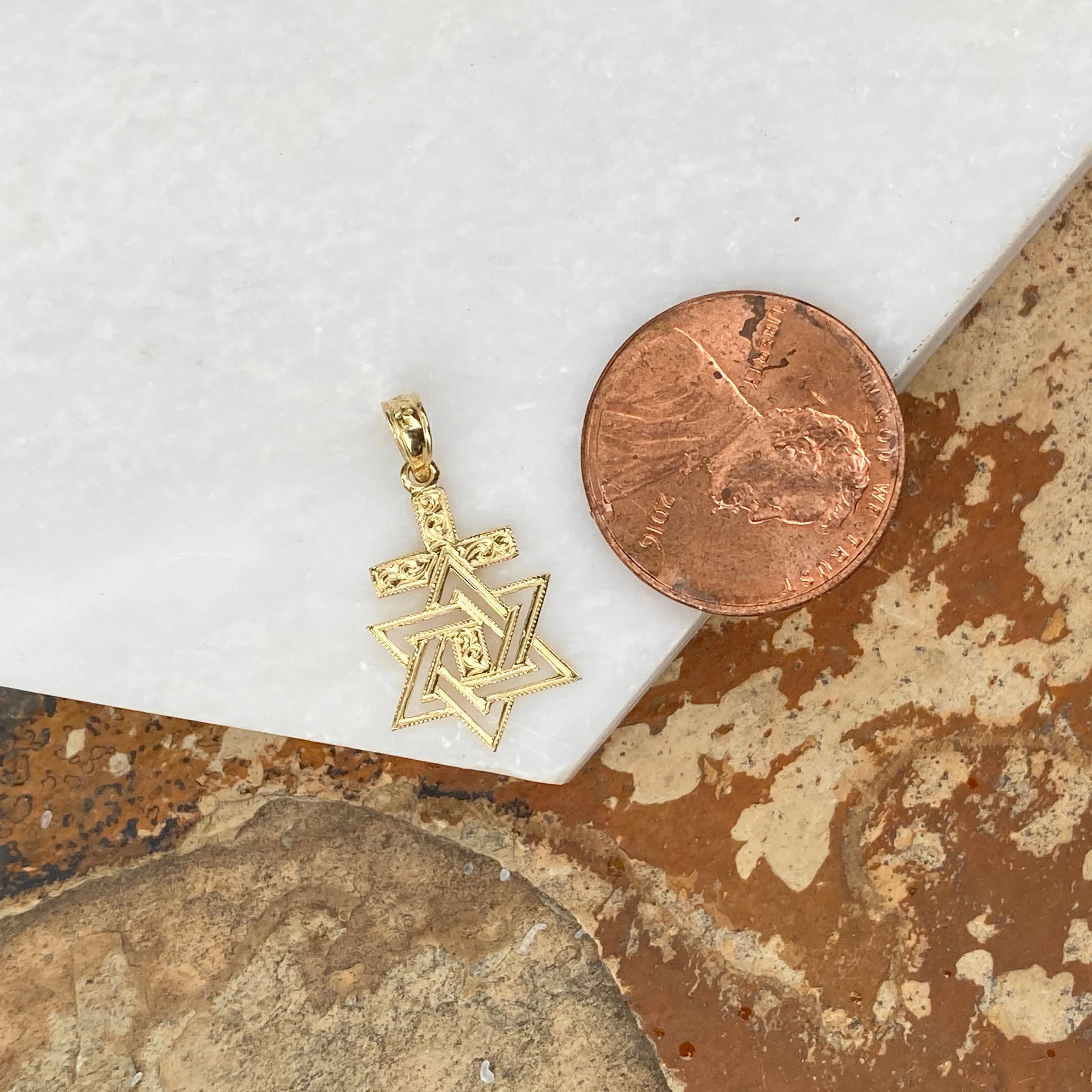 14KT Yellow Gold Engraved Star of David Cross Pendant Charm