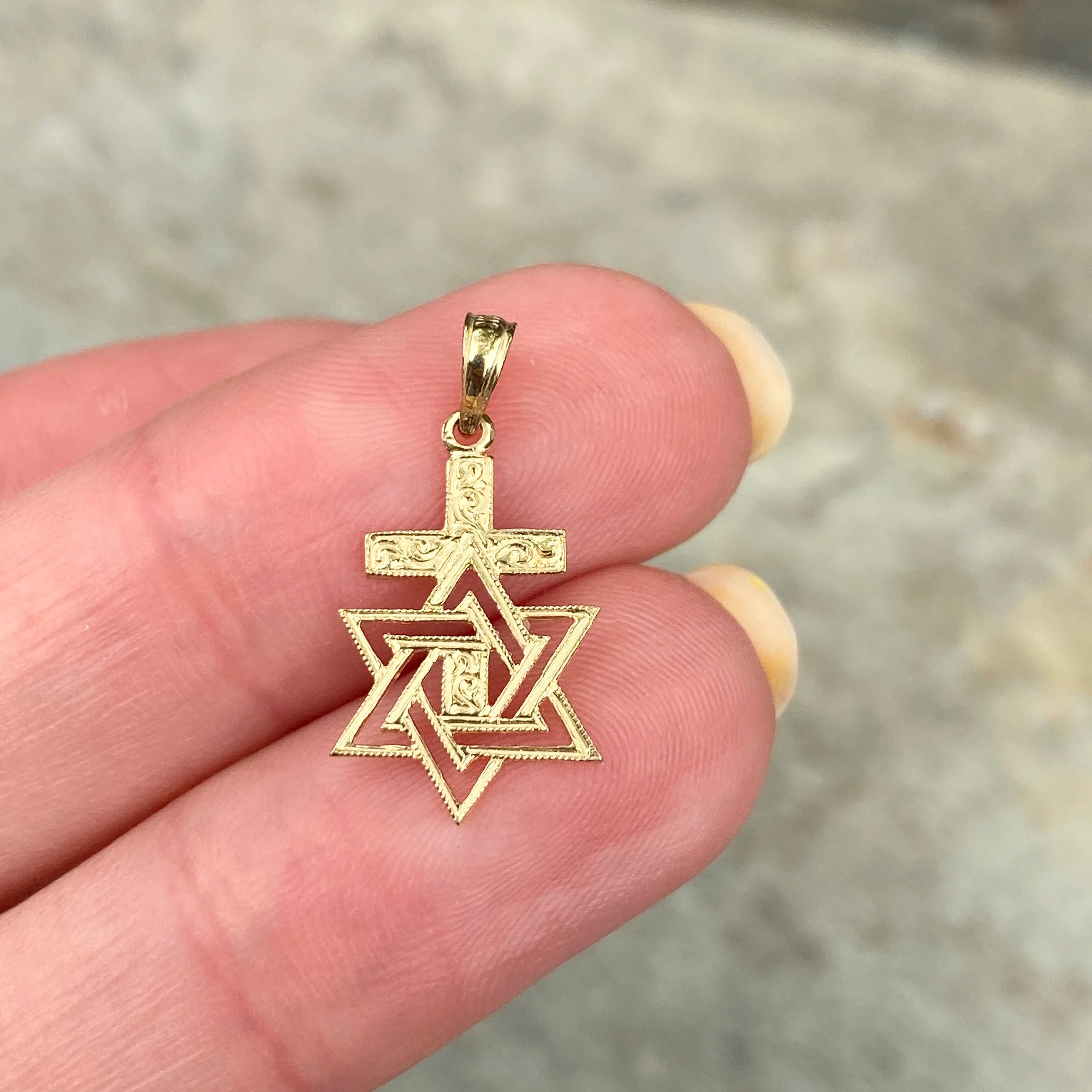 14KT Yellow Gold Engraved Star of David Cross Pendant Charm