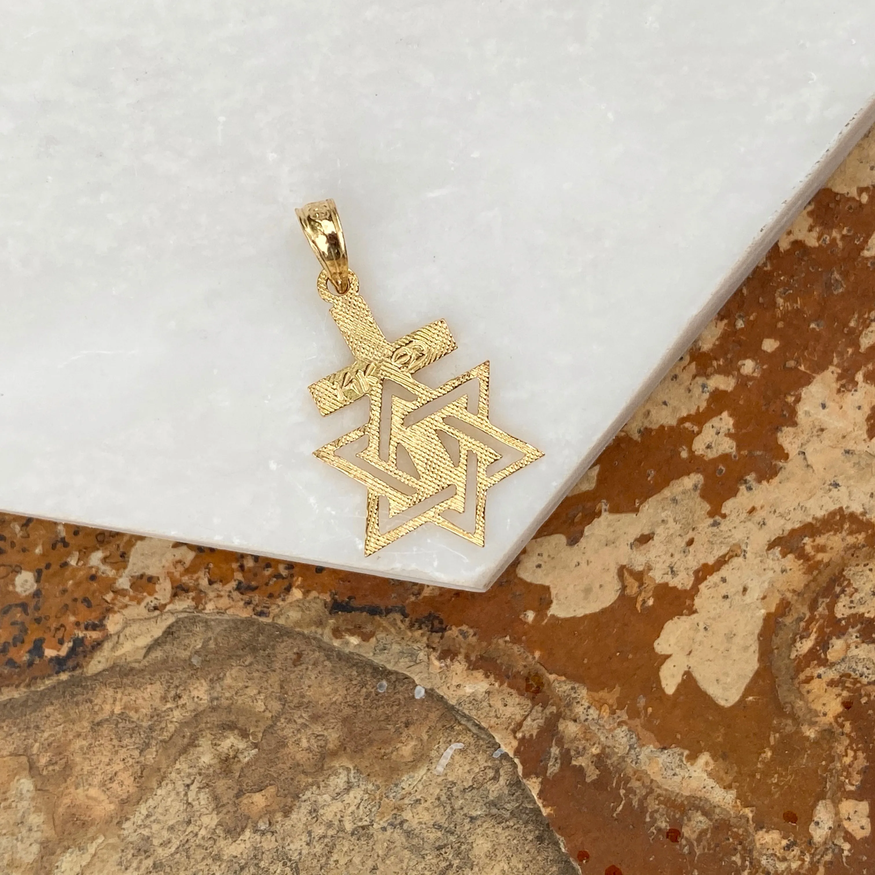 14KT Yellow Gold Engraved Star of David Cross Pendant Charm