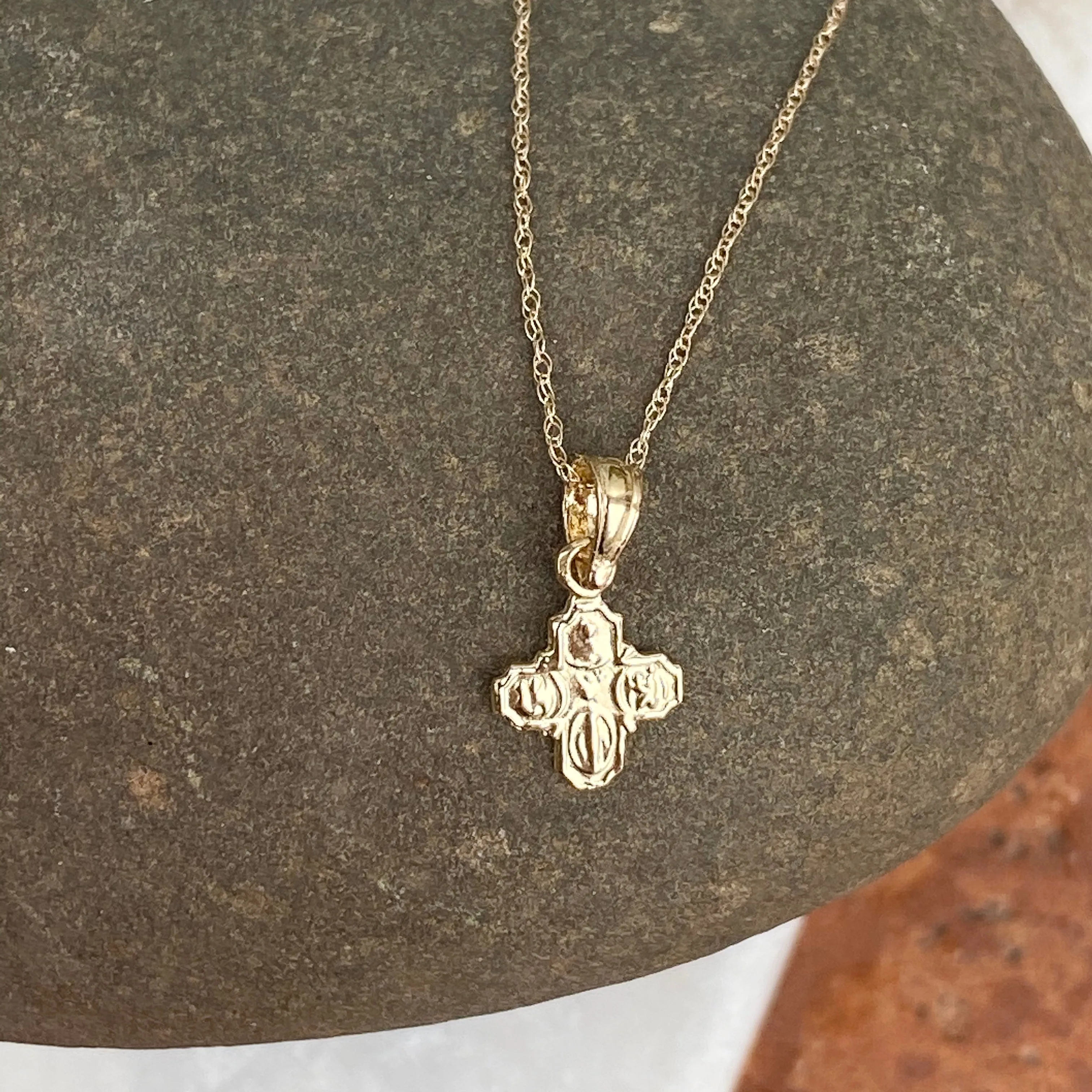 14KT Yellow Gold Mini Four Way Engraved Catholic Cross Pendant Charm