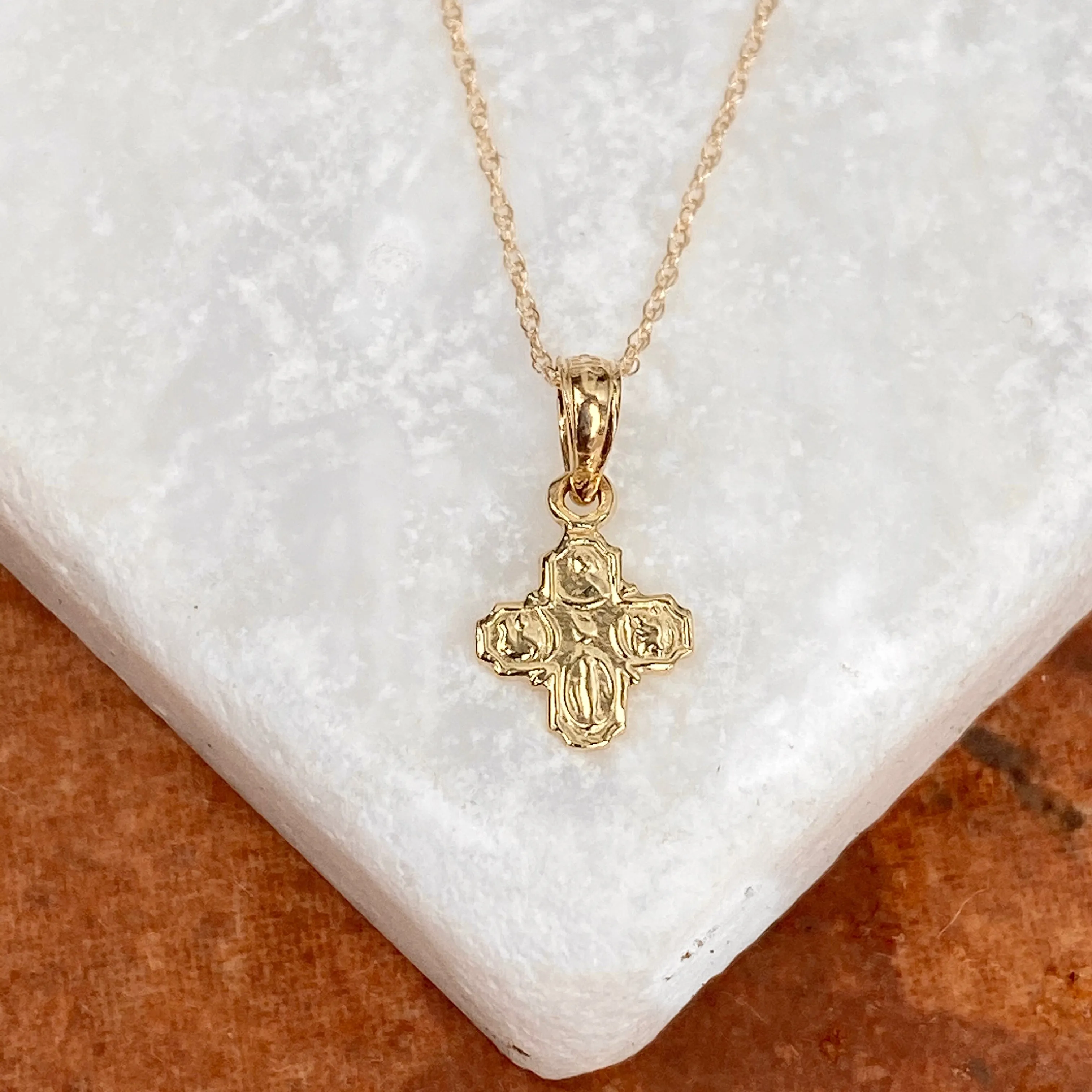 14KT Yellow Gold Mini Four Way Engraved Catholic Cross Pendant Charm
