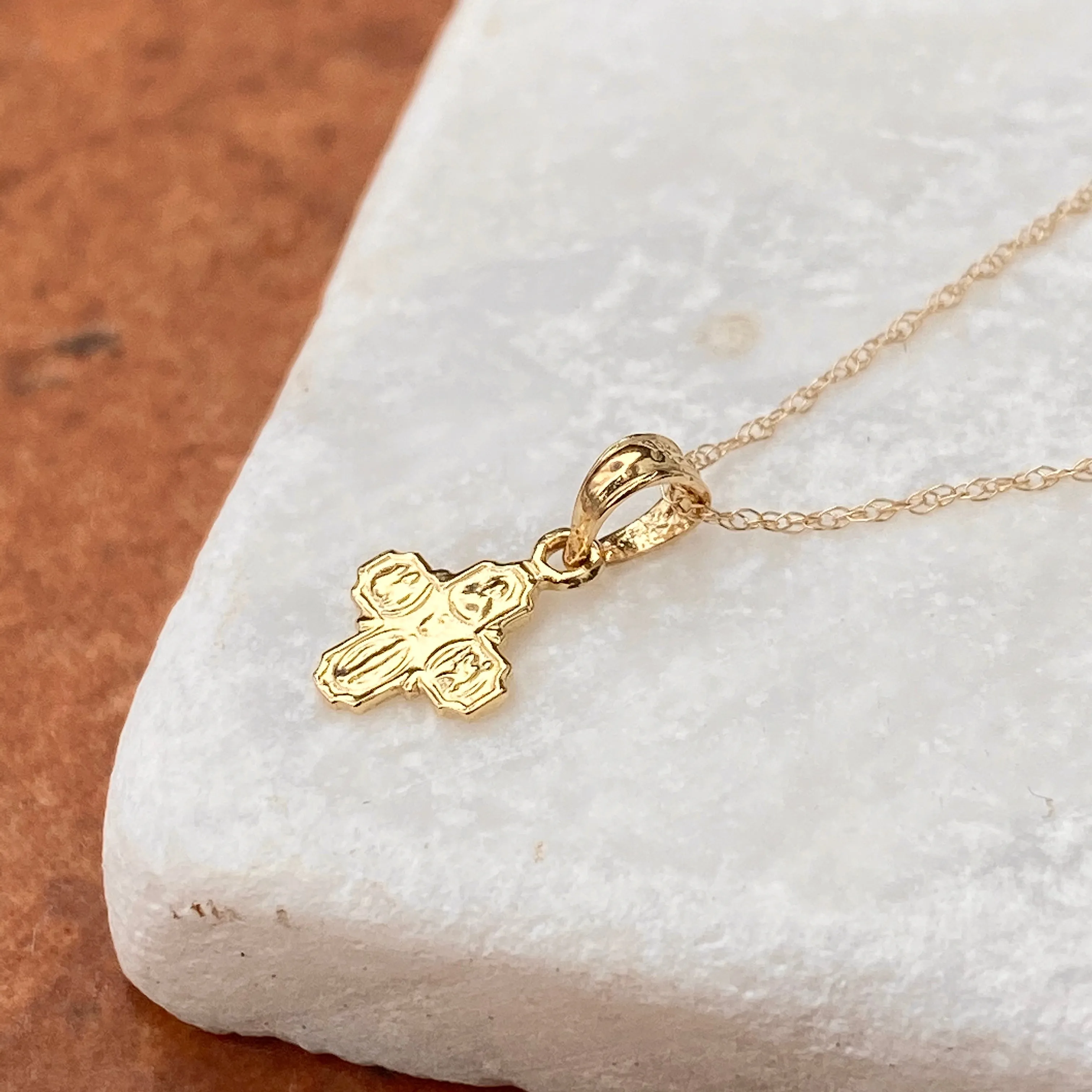 14KT Yellow Gold Mini Four Way Engraved Catholic Cross Pendant Charm