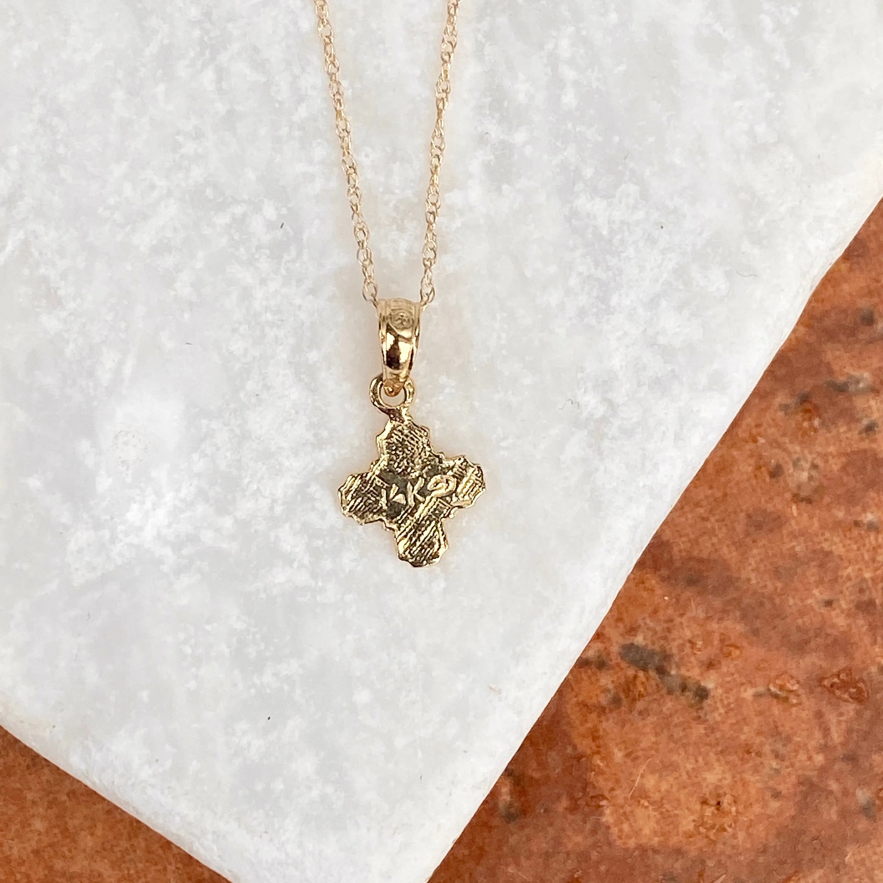 14KT Yellow Gold Mini Four Way Engraved Catholic Cross Pendant Charm