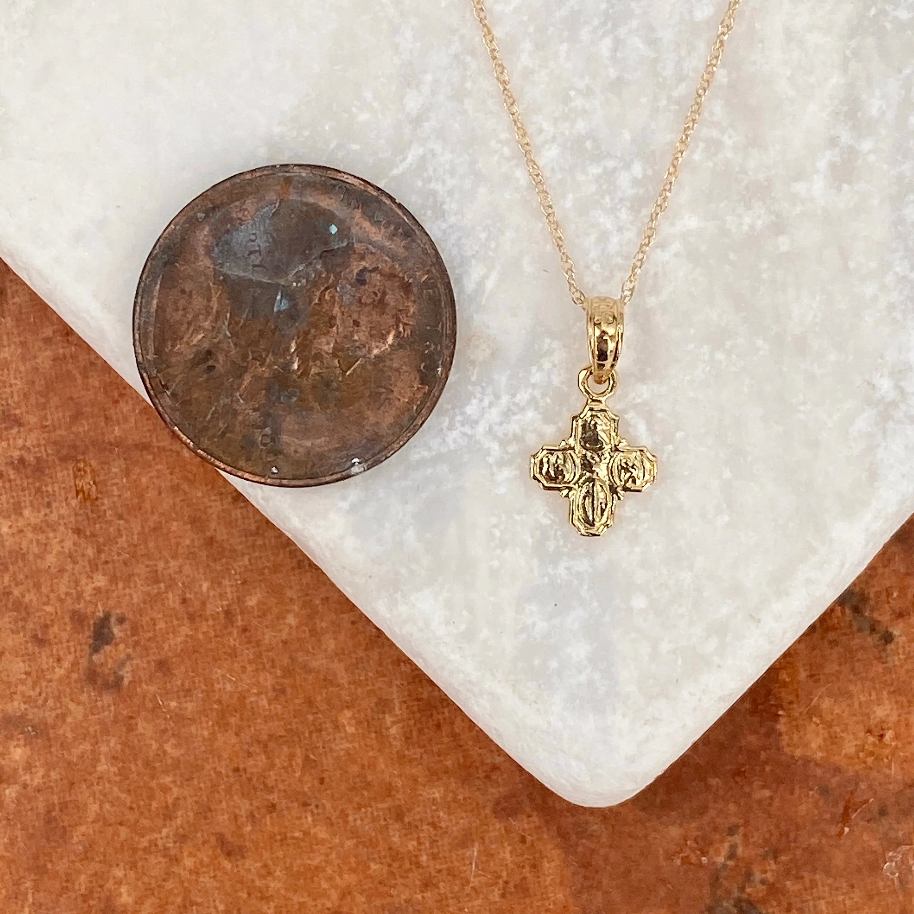 14KT Yellow Gold Mini Four Way Engraved Catholic Cross Pendant Charm