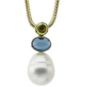 14KT Yellow Gold Peridot, Blue Topaz,   Paspaley Pearl Pendant