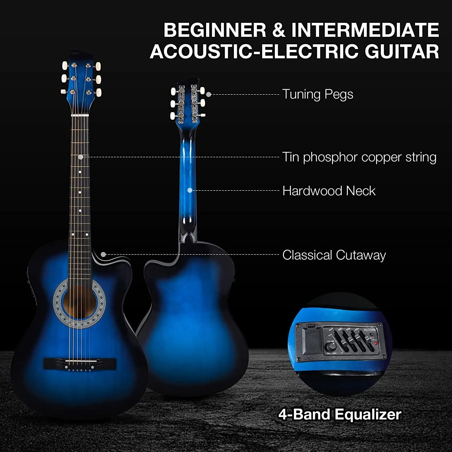 38" Acoustic Electric Guitar All wood Cutaway Beginner Guitar Package with 4-Band EQ Case, Strap, Picks, Tune