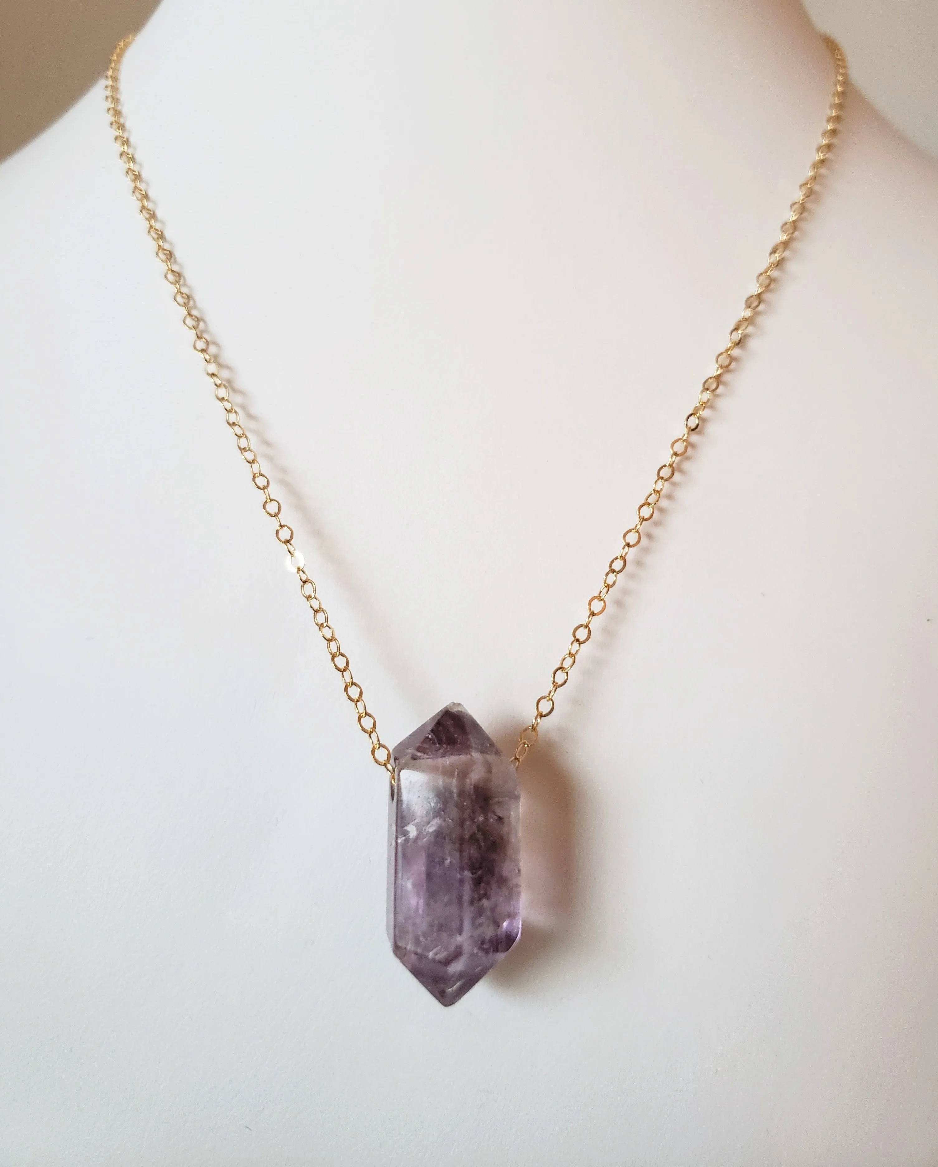 Amethyst Generator Point Gemstone on Gold-Filled Chain Raises Spiritual Consciousness