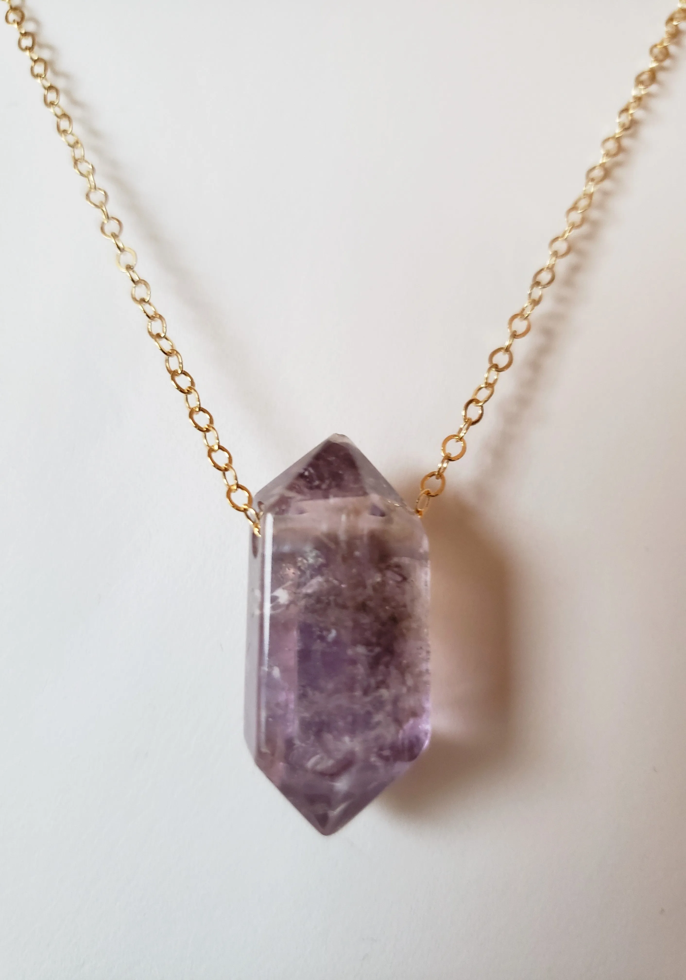 Amethyst Generator Point Gemstone on Gold-Filled Chain Raises Spiritual Consciousness