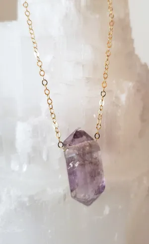 Amethyst Generator Point Gemstone on Gold-Filled Chain Raises Spiritual Consciousness