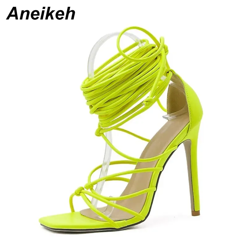 Aneikeh NEW Summer Sexy Women's Sandals Narrow Band Slides Ladies Gladiator Party Thin Heels Square Toe colourful Shoes Fashion