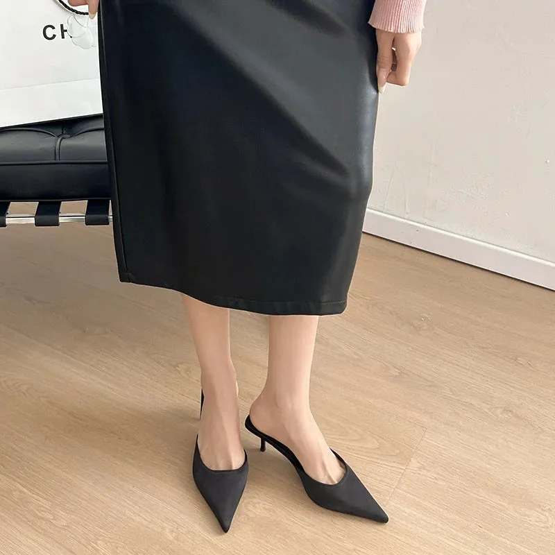 Aphixta 7 cm Thin Heels Black Concise Women Slides Pointed Toe Summer Dress Slides Solid Color High Heels Elegant Shoes Size 42