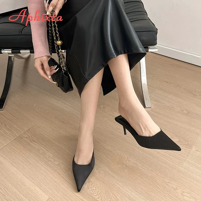 Aphixta 7 cm Thin Heels Black Concise Women Slides Pointed Toe Summer Dress Slides Solid Color High Heels Elegant Shoes Size 42
