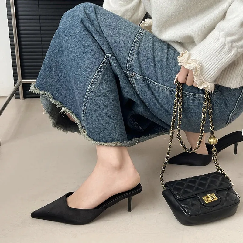 Aphixta 7 cm Thin Heels Black Concise Women Slides Pointed Toe Summer Dress Slides Solid Color High Heels Elegant Shoes Size 42