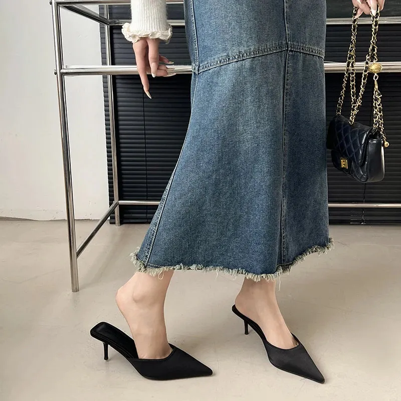 Aphixta 7 cm Thin Heels Black Concise Women Slides Pointed Toe Summer Dress Slides Solid Color High Heels Elegant Shoes Size 42