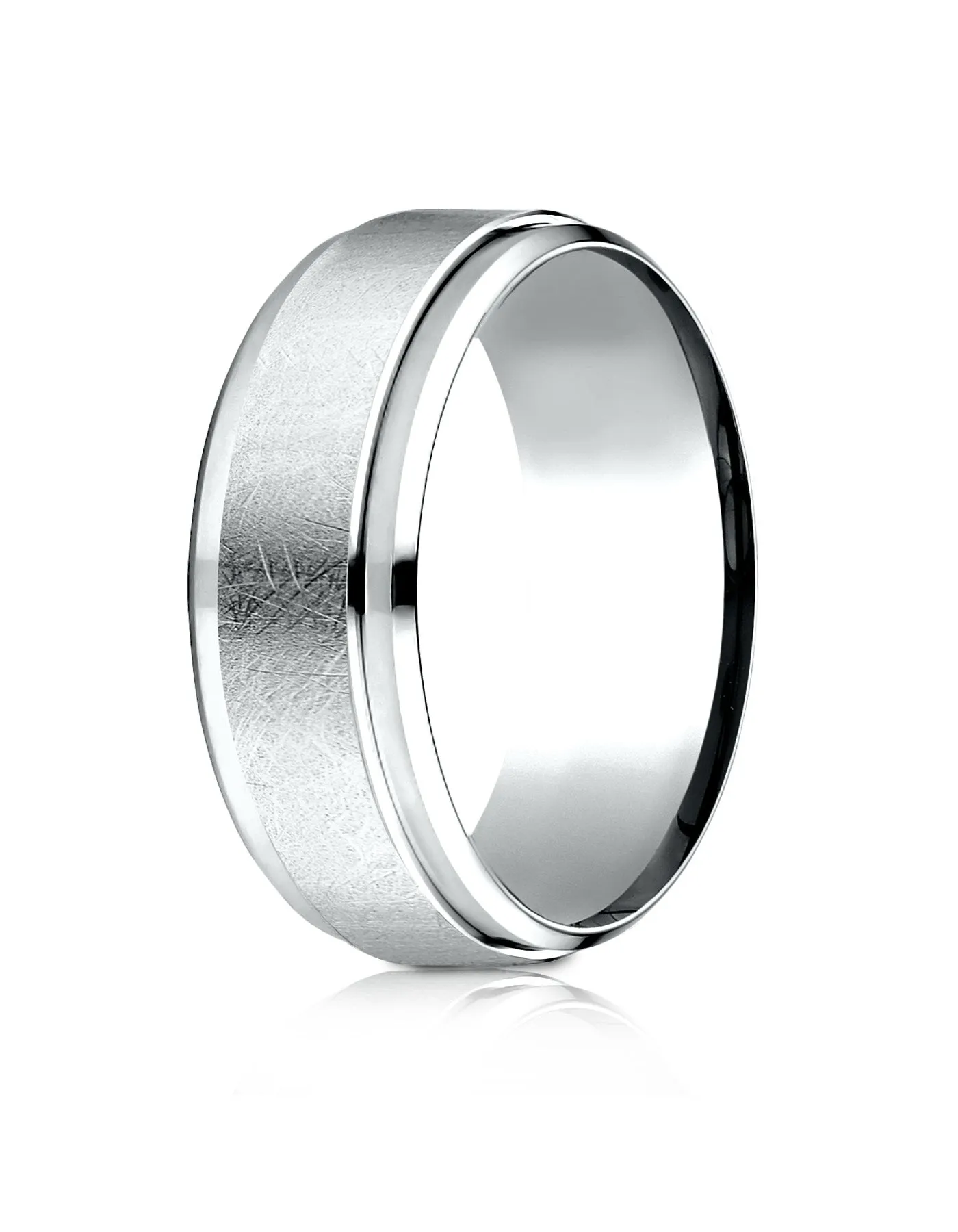 Benchmark 10k White Gold 7mm Comfort-Fit Drop Bevel Swirl Finish Center Design Band, (Sizes 4-15)