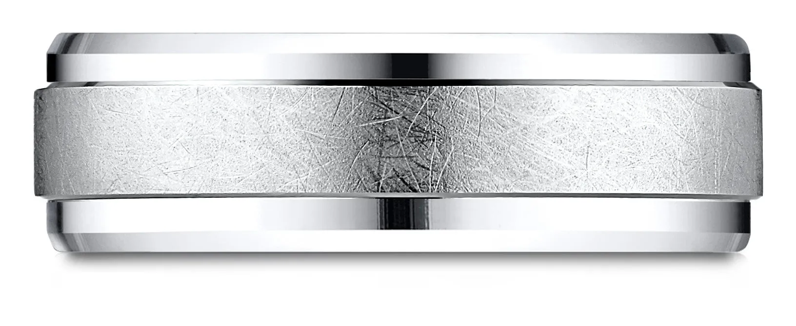 Benchmark 10k White Gold 7mm Comfort-Fit Drop Bevel Swirl Finish Center Design Band, (Sizes 4-15)