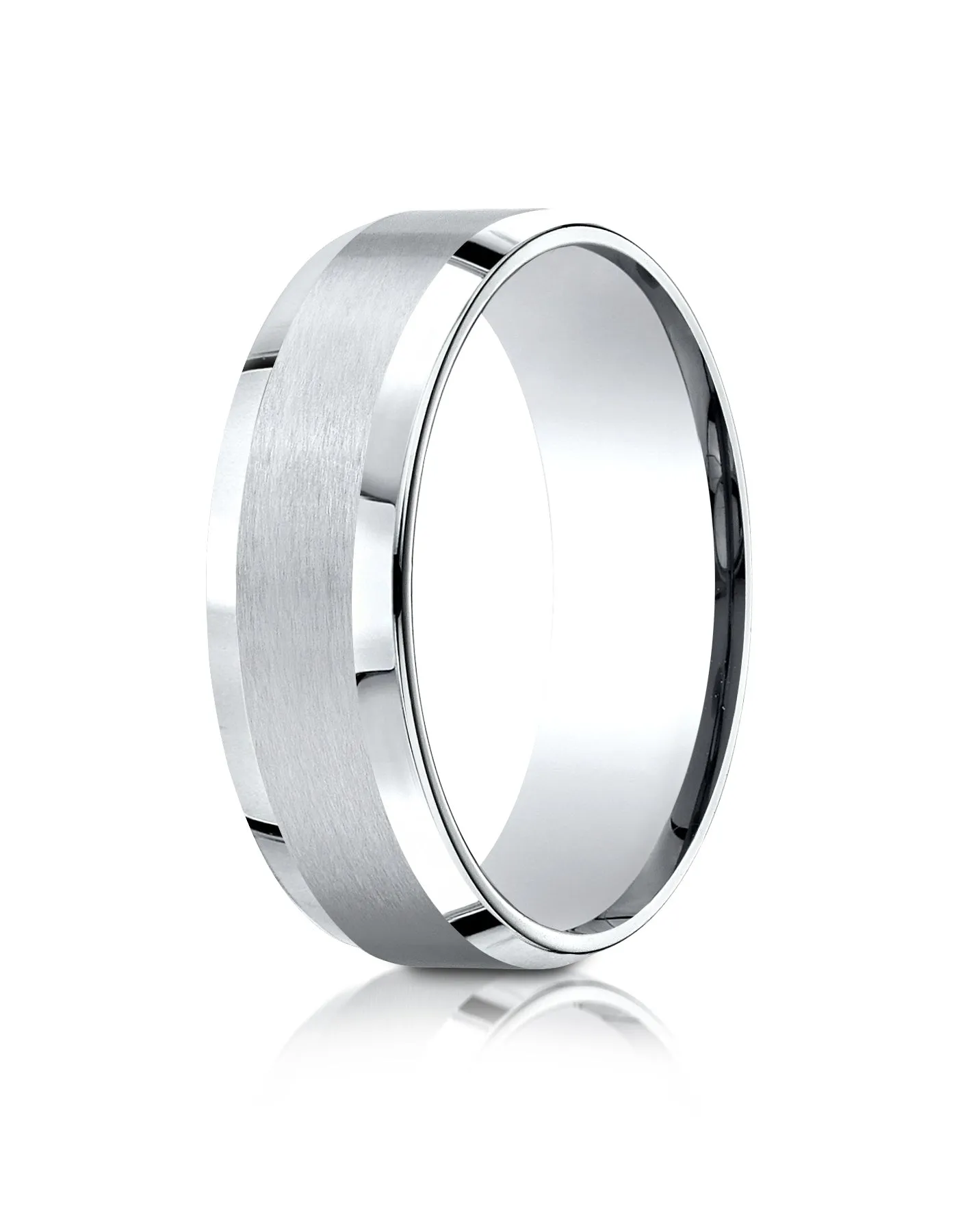 Benchmark 10k White Gold 7mm Comfort-Fit Satin-Finish w/ High Polish Beveled Edge Carved Design Band