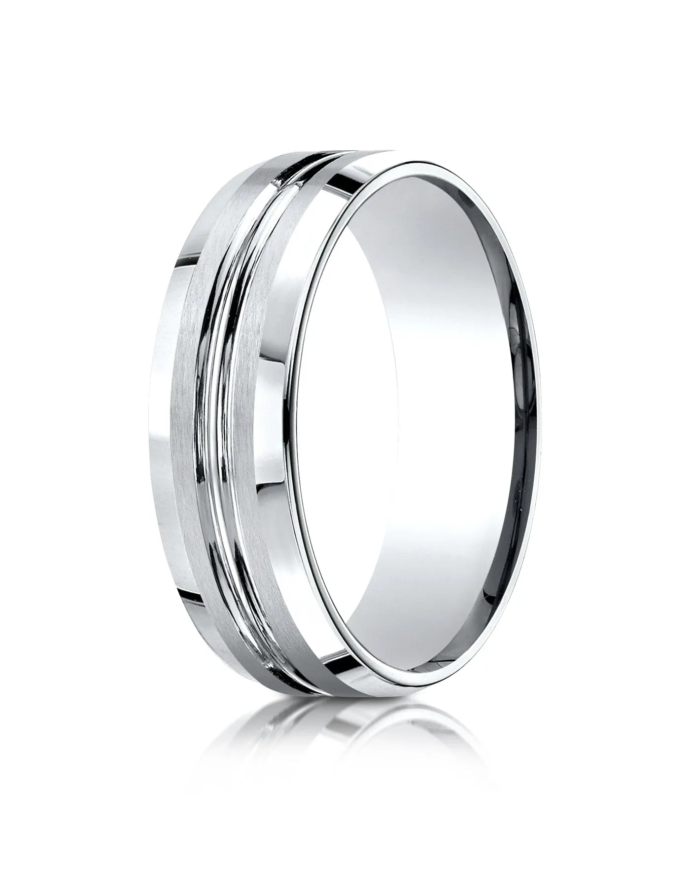 Benchmark 10k White Gold 7mm Comfort-Fit Satin-Finish with High Polished Cut Carved Design Band, (4-15)