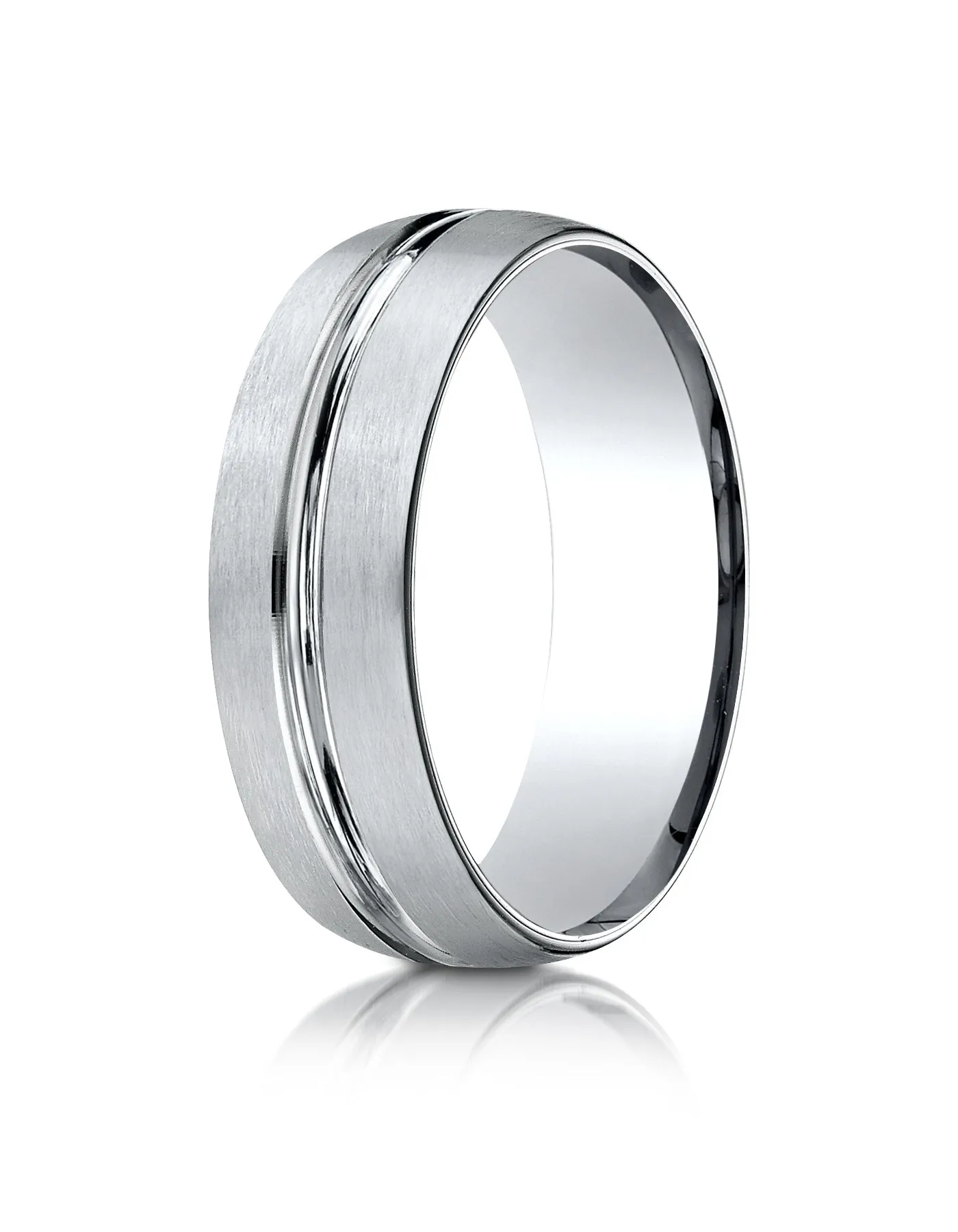 Benchmark 10k White Gold 7mm Comfort-Fit Satin-Finished w/ High Polish Center Cut Carved Design Band