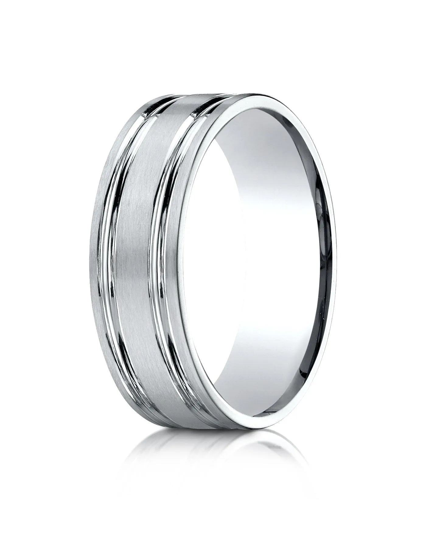 Benchmark 10k White Gold 7mm Comfort-Fit Satin-Finished w/ Parallel Grooves Carved Design Band (Sizes 4-15)