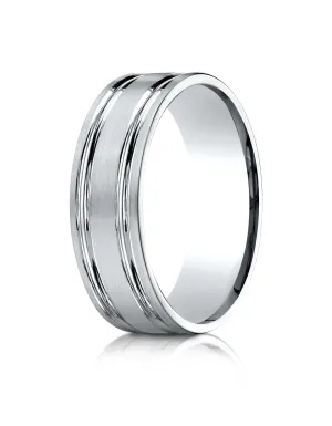Benchmark 10k White Gold 7mm Comfort-Fit Satin-Finished w/ Parallel Grooves Carved Design Band (Sizes 4-15)