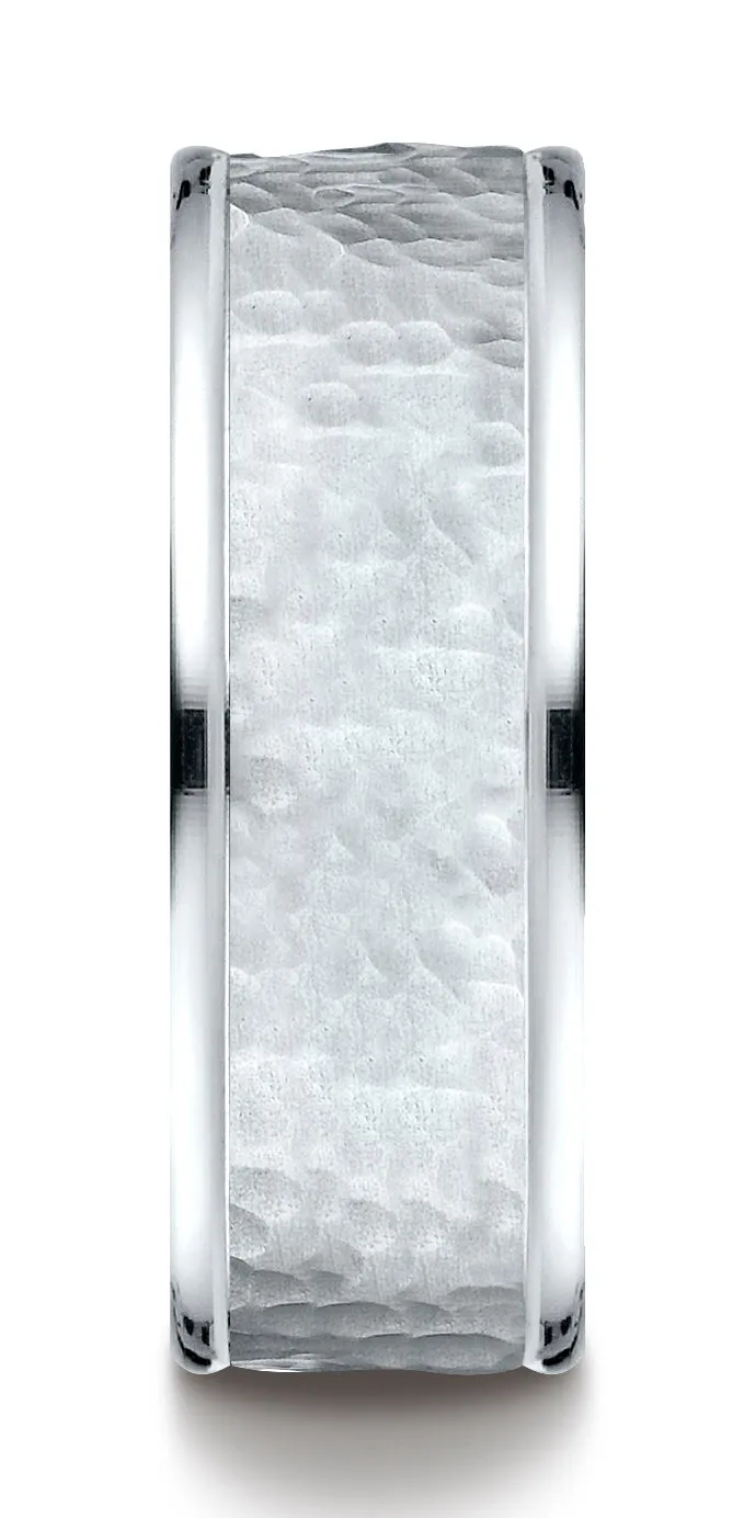 Benchmark 10k White Gold Comfort-Fit 8mm High Polish Edge Hammered Center Design Band, (Sizes 6-13)