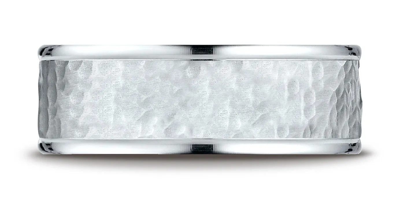Benchmark 10k White Gold Comfort-Fit 8mm High Polish Edge Hammered Center Design Band, (Sizes 6-13)