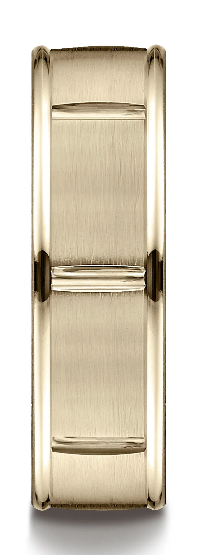 Benchmark 10k Yellow Gold 7mm Comfort-Fit Satin-Finish 8 Center Cuts & Round Edge Carved Design Band