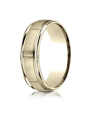 Benchmark 10k Yellow Gold 7mm Comfort-Fit Satin-Finish 8 Center Cuts & Round Edge Carved Design Band