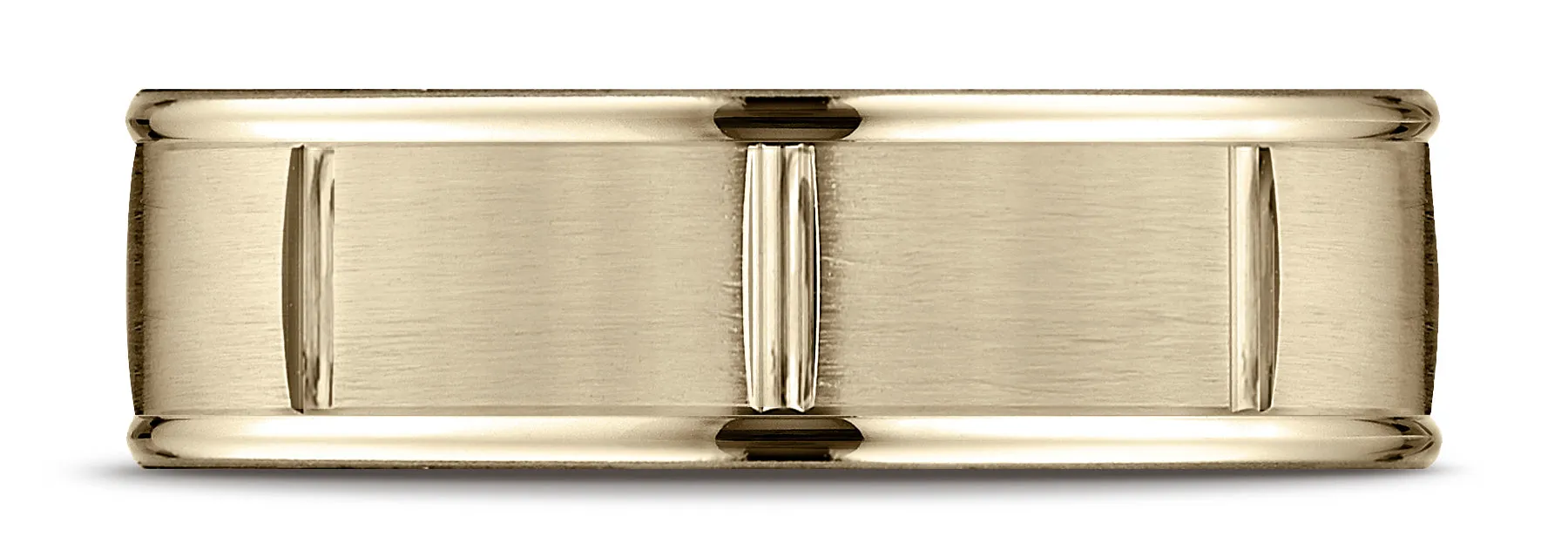 Benchmark 10k Yellow Gold 7mm Comfort-Fit Satin-Finish 8 Center Cuts & Round Edge Carved Design Band