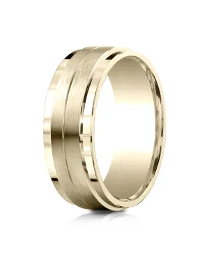 Benchmark 10k Yellow Gold 8mm Comfort-Fit Drop Bevel Satin Center Design Band, (Sizes 4-15)