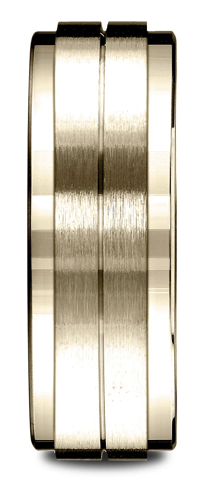 Benchmark 10k Yellow Gold 8mm Comfort-Fit Drop Bevel Satin Center Design Band, (Sizes 4-15)