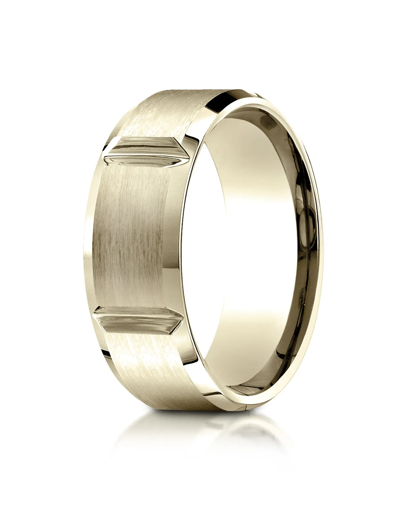 Benchmark 10K Yellow Gold 8mm Comfort-Fit Satin-Finished Grooves Carved Design Wedding Band Ring