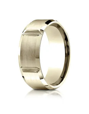 Benchmark 10K Yellow Gold 8mm Comfort-Fit Satin-Finished Grooves Carved Design Wedding Band Ring
