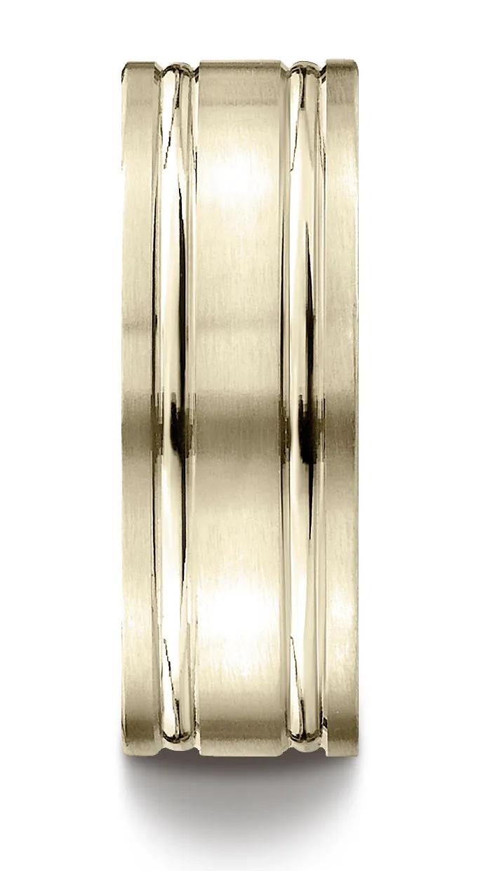 Benchmark 10K Yellow Gold 8mm Comfort-Fit Satin-Finished w/  Parallel Grooves Carved Design Wedding Band