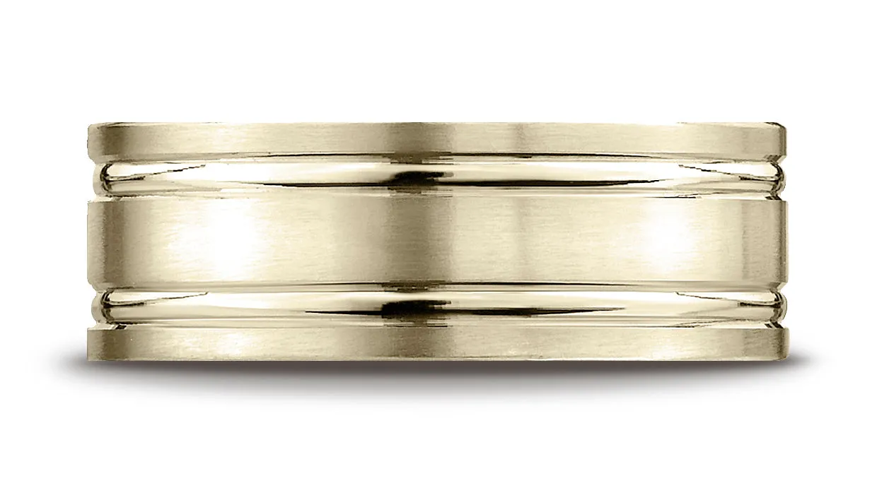 Benchmark 10K Yellow Gold 8mm Comfort-Fit Satin-Finished w/  Parallel Grooves Carved Design Wedding Band
