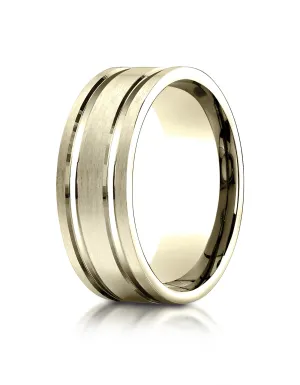 Benchmark 10K Yellow Gold 8mm Comfort-Fit Satin-Finished w/  Parallel Grooves Carved Design Wedding Band
