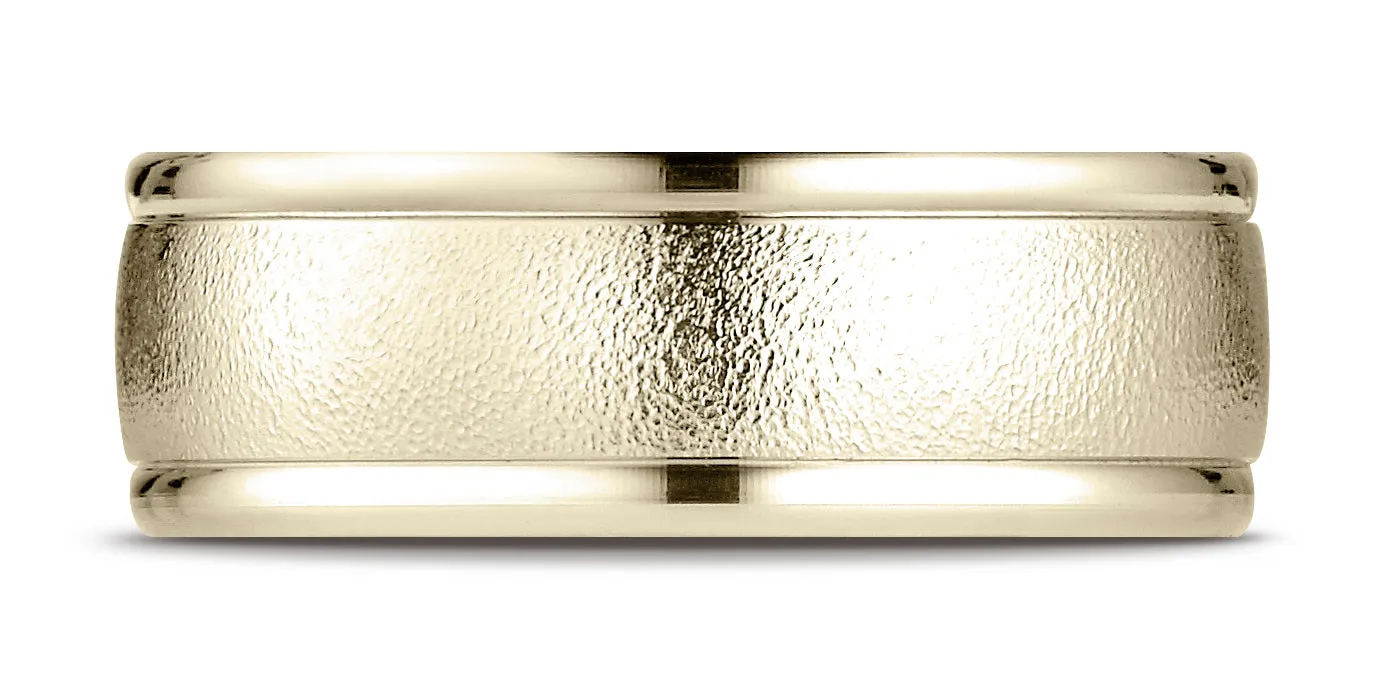 Benchmark 10K Yellow Gold 8mm Comfort-Fit Wire Brush Finish with Round Edge Carved Design Wedding Band