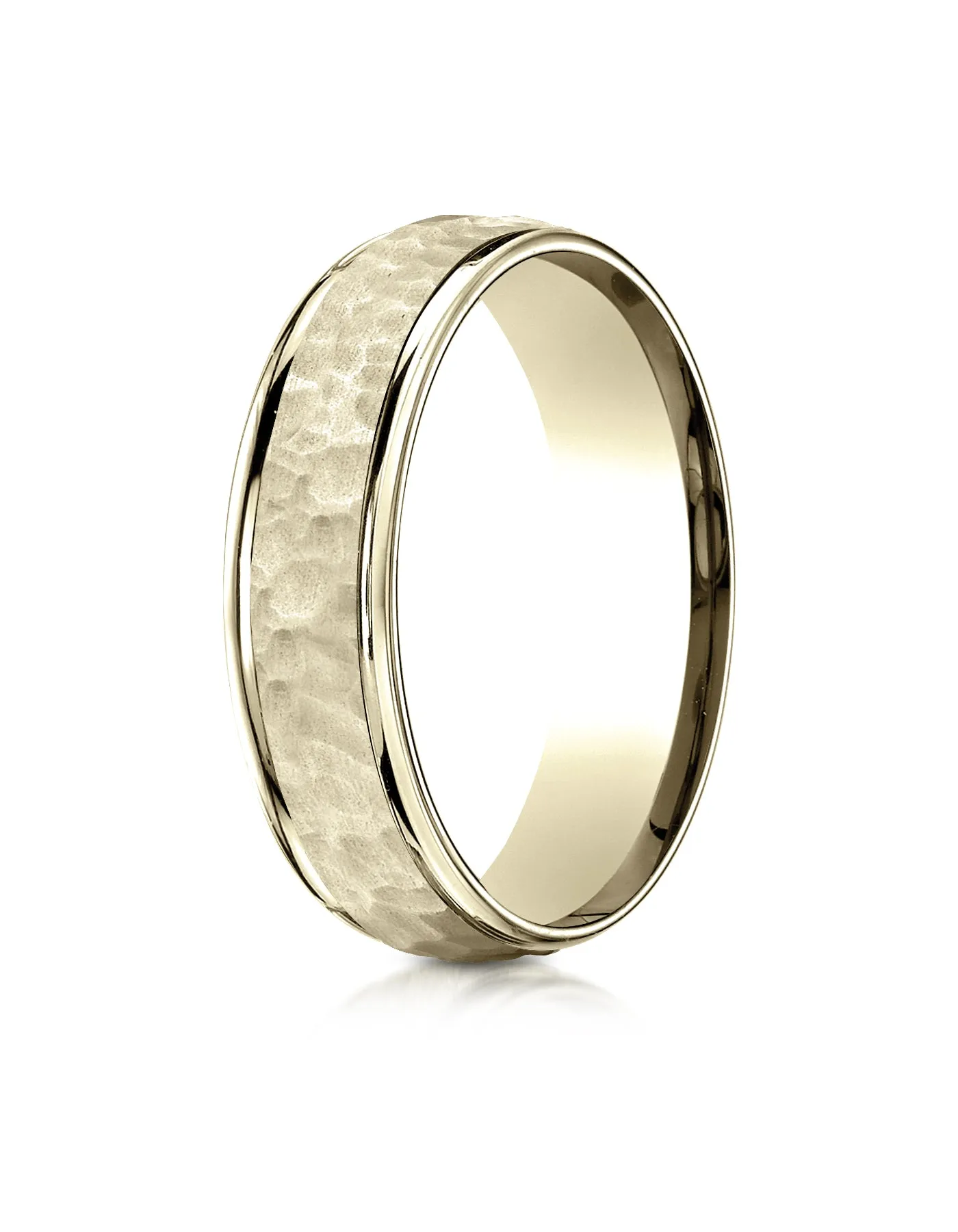 Benchmark 10k Yellow Gold Comfort-Fit 6mm High Polish Edge Hammered Center Design Band, (Sizes 6-13)