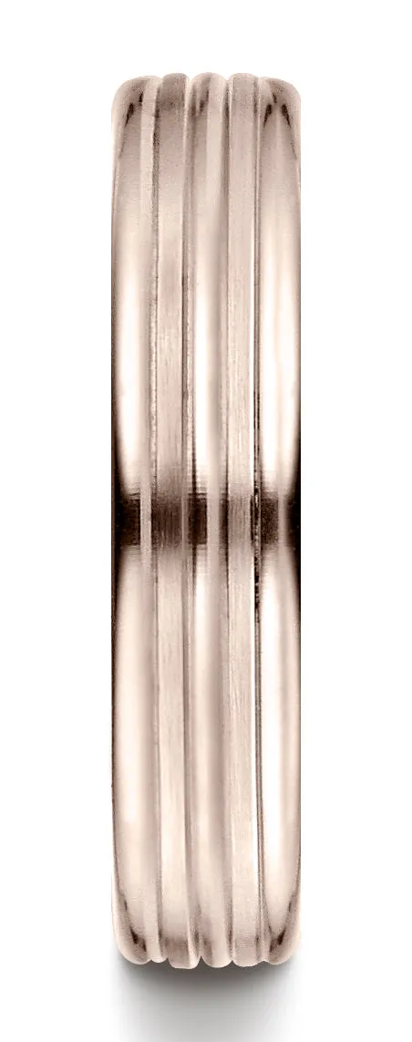 Benchmark 14K Rose Gold 4mm Comfort-Fit with High Polish Center Trim and Round Edge Carved Design Ring