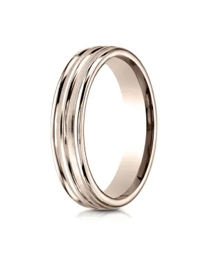 Benchmark 14K Rose Gold 4mm Comfort-Fit with High Polish Center Trim and Round Edge Carved Design Ring