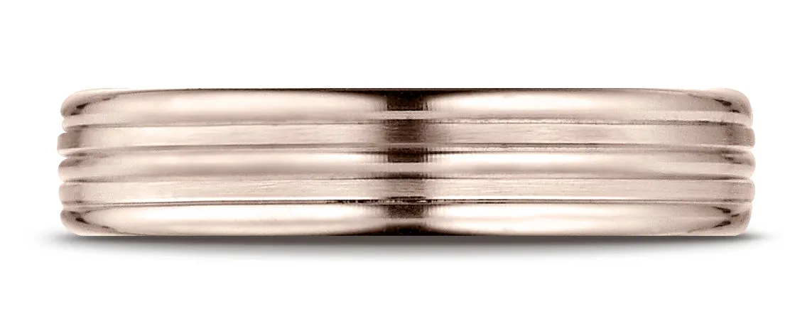 Benchmark 14K Rose Gold 4mm Comfort-Fit with High Polish Center Trim and Round Edge Carved Design Ring
