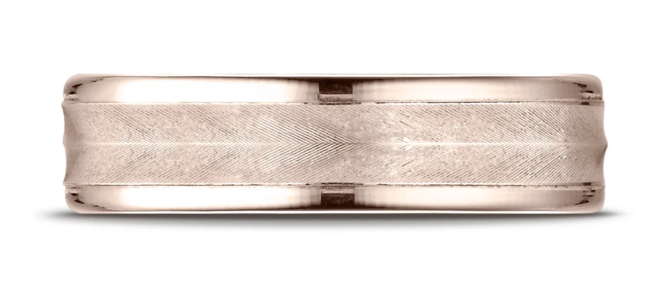 Benchmark 14K Rose Gold 6mm Comfort-Fit Chevron Design with Round Edge Carved Design Wedding Band Ring