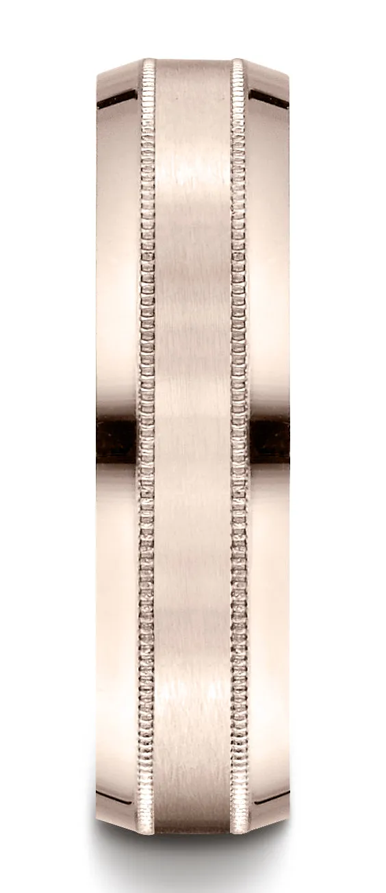 Benchmark 14K Rose Gold 6mm Comfort-Fit Satin-Finished with Milgrain Carved Design Wedding Band Ring