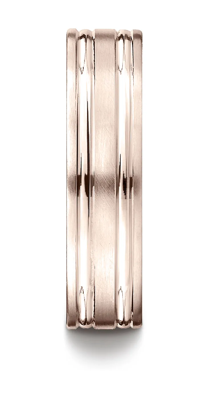 Benchmark 14K Rose Gold 6mm Comfort-Fit Satin-Finished with Parallel Grooves Carved Design Wedding Band