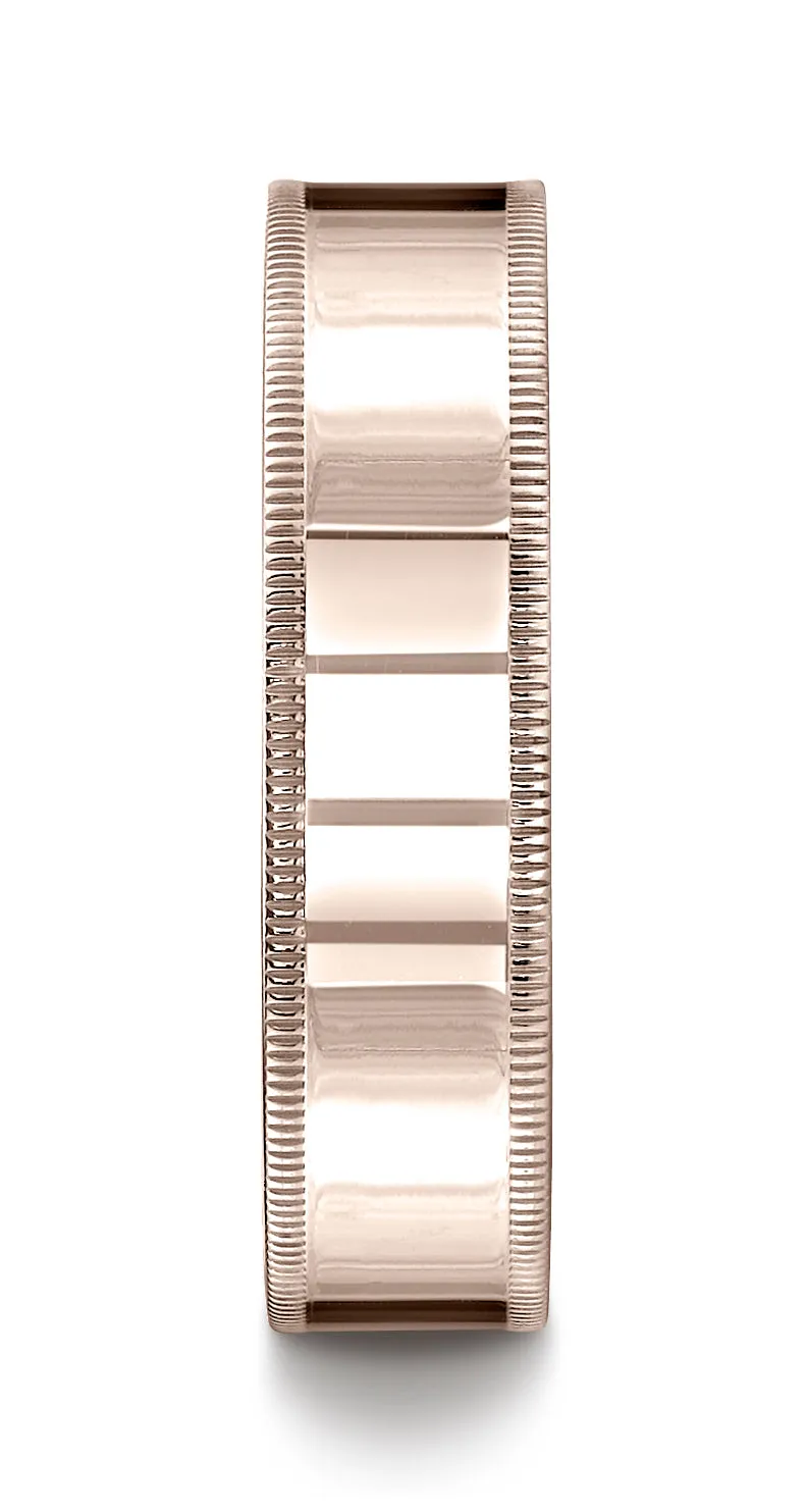 Benchmark 14K Rose Gold 6mm Flat Comfort-Fit Wedding Band Ring with Milgrain (Sizes 4 - 15 )