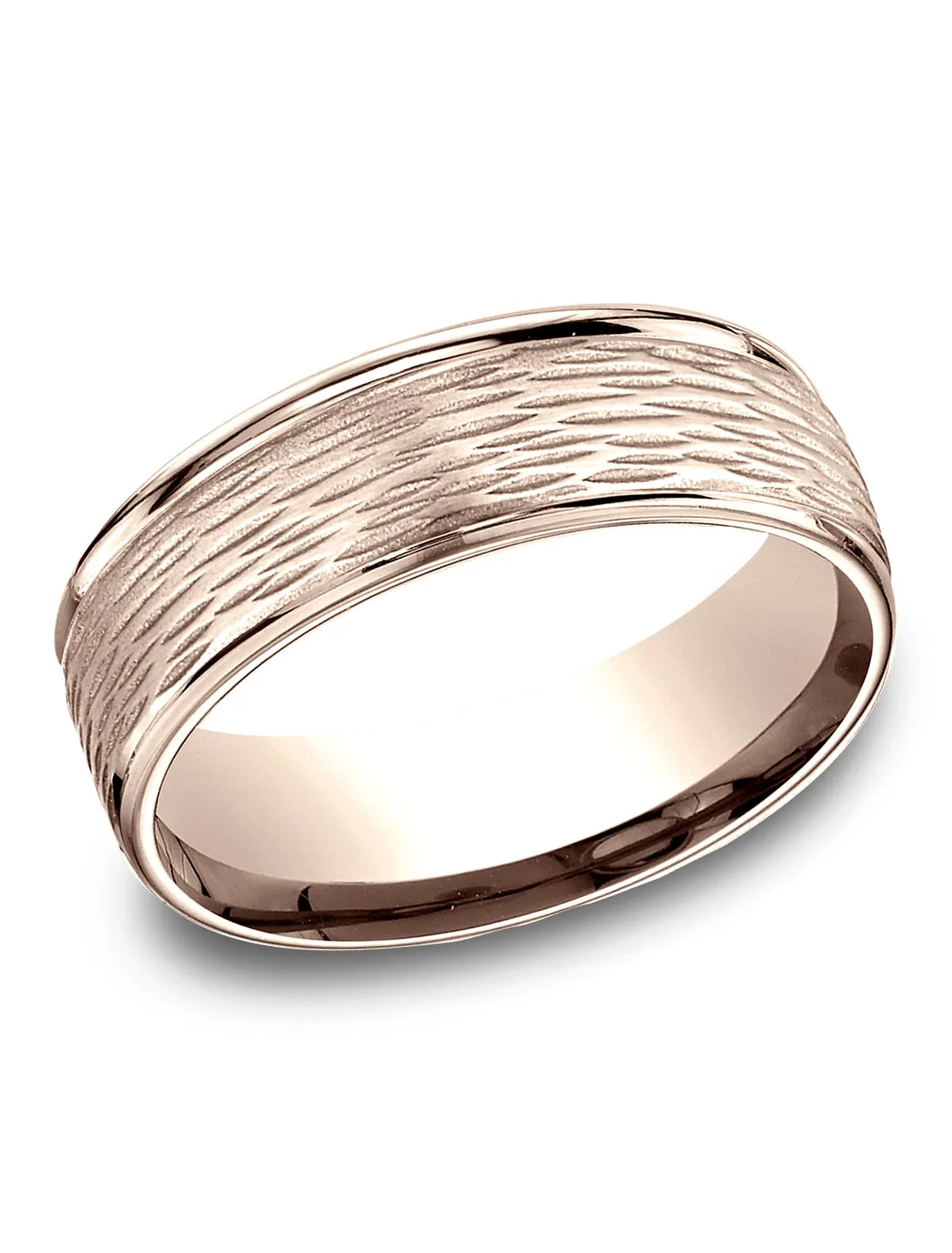 Benchmark 14K Rose Gold 7.5mm Comfort-Fit Round Edge Birch Bark Center, (Size 4-14)