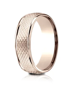 Benchmark 14K Rose Gold 7.5mm Comfort-Fit Round Edge Mesh Center Design Band, (Size 4-14)