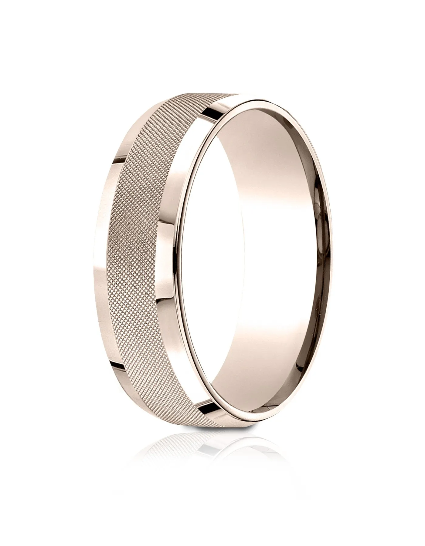 Benchmark 14k Rose Gold 7mm Comfort-Fit High Polish Round Edge Cross Hatch Center Design Band, (4-15)
